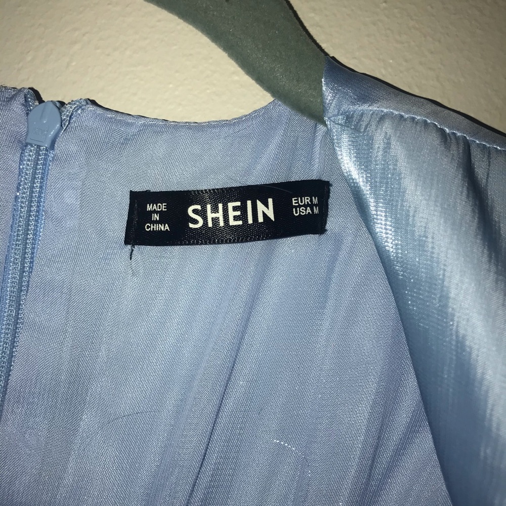 Shein Solid Ruffle Hem Satin Belted Romper - Picture 6 of 9